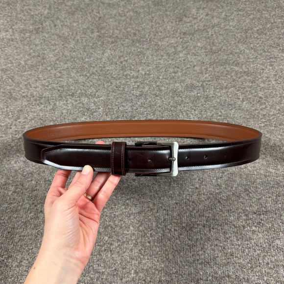 Johnston & Murphy Brown Maroon Red Leather Belt Men Size 38 Silver Square Buckle - Picture 3 of 12